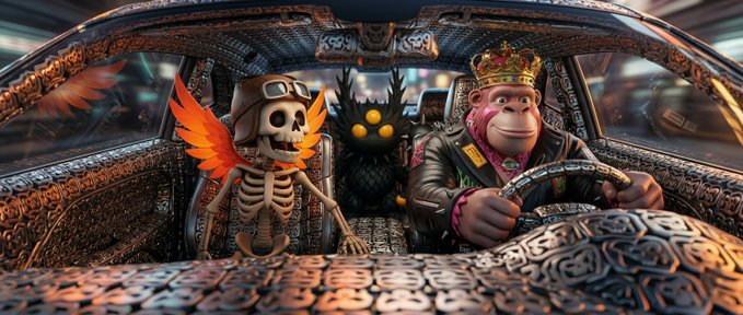 A skeleton with a flaming wing, a black creature with glowing yellow eyes, and a crowned monkey in a leather jacket drive together inside an ornately decorated car, with the monkey gripping the steering wheel. The caption "GN! Keep driving or you won't get anywhere" matches the monkey's determined grip on the wheel, suggesting the trio must press forward on their late-night journey.