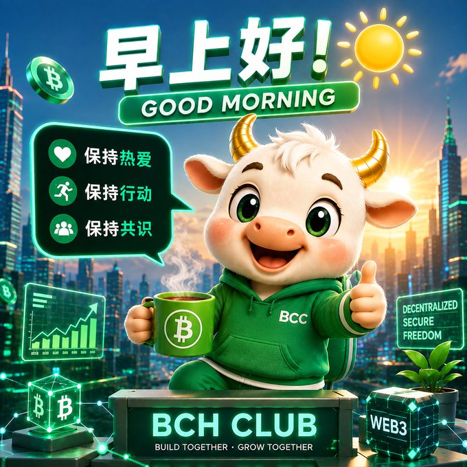 A cartoonish white bull mascot in a green 'BCC' hoodie holding a Bitcoin-themed mug, with '早上好! GOOD MORNING' text and Chinese phrases meaning 'Keep Passionate, Keep Active, Keep Consensus' alongside 'BCH CLUB - BUILD TOGETHER, GROW TOGETHER' and 'WEB3'/'DECENTRALIZED SECURE FREEDOM' labels.