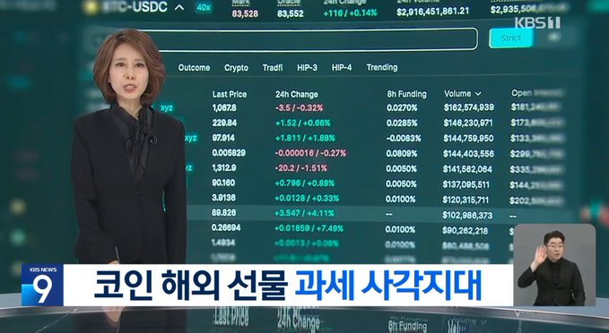 A KBS News broadcast features an anchor standing beside a Hyperliquid trading interface displaying cryptocurrency futures data, with on-screen Korean text translating to "Domestic crypto traders flock to overseas" and a small sign-language interpreter inset in the corner. The visible tabs for HIP-3 and HIP-4 perpetuals highlight the platform's international offerings, illustrating the report's focus on Korean traders turning to overseas exchanges due to domestic futures restrictions.