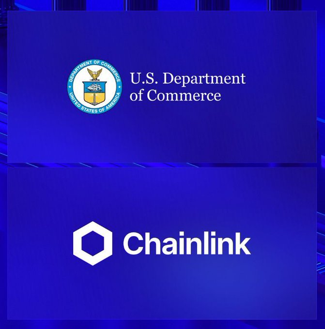 A blue graphic showing the seal and text 'U.S. Department of Commerce' on the top panel and the logo for 'Chainlink' on the bottom panel.