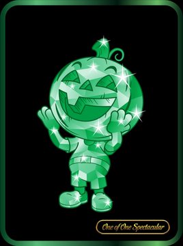 A green, sparkling cartoon jack-o'-lantern character with arms raised stands against a black background, labeled 'One of One Spectacular' at the bottom.