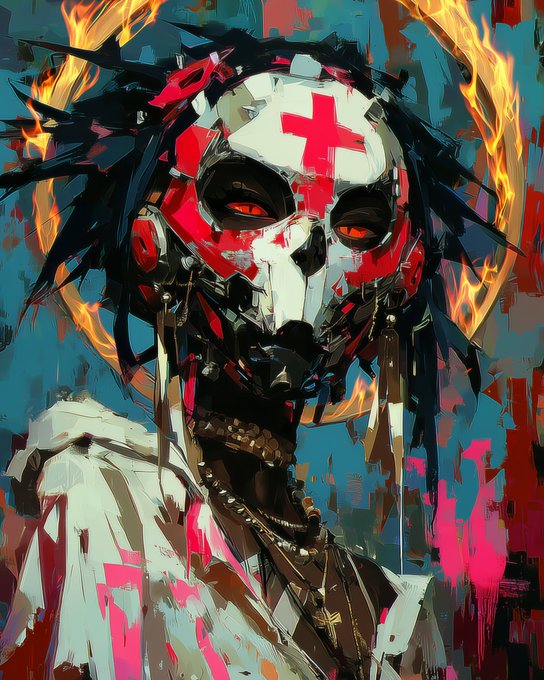 A dark, expressionist digital painting of a skull-faced figure with glowing red eyes and red cross markings, surrounded by flames and set against a teal and red background.