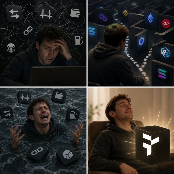 The image shows a man sitting in front of his laptop with a sad expression on his face. The photo captures him in various stages of working or using his computer, including moments where he appears to be crying while looking at his screen. The background features an array of cryptocurrency icons and logos, which are scattered throughout the scene, adding to the overall atmosphere of the image.