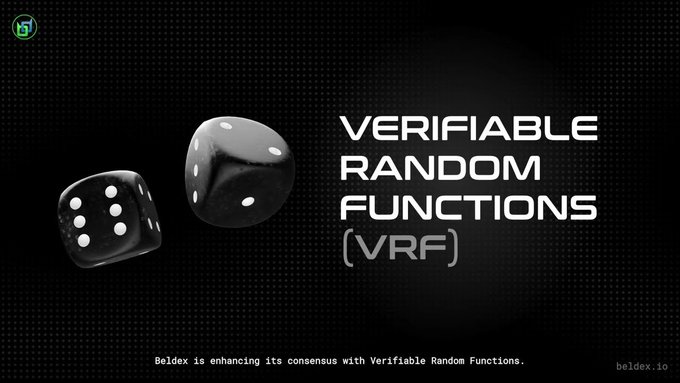 A dark promotional graphic showing two black dice alongside the text 'VERIFIABLE RANDOM FUNCTIONS (VRF)' with a tagline 'Beldex is enhancing its consensus with Verifiable Random Functions' and 'beldex.io'.
