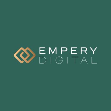 The image displays the Empery Digital logo, featuring a gold interlocking diamond emblem alongside the company name in white and gold text on a dark teal background, visually representing the Bitcoin treasury firm that announced a $20 million investment in Cardinal Data Power.