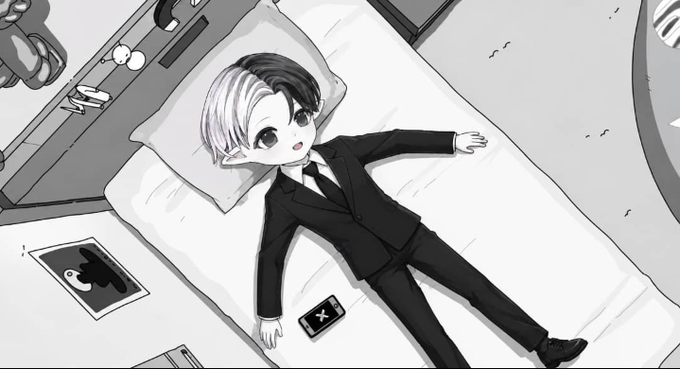 Black-and-white anime-style illustration of a character with half-black, half-white hair wearing a suit, lying spread-eagle on a bed with a phone and a card nearby.