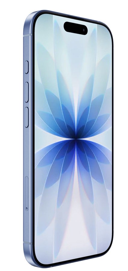 A blue iPhone, likely an iPhone 17, displayed at an angle with a blue floral wallpaper on its screen.