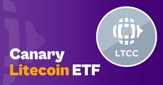 A promotional graphic for the "Canary Litecoin ETF" (LTCC) featuring a purple background with a circular logo of a globe/wallet design.