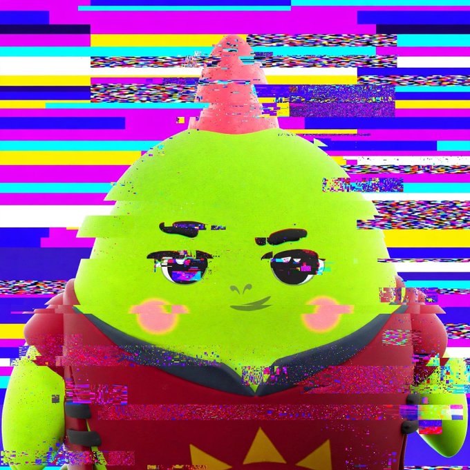 A distorted, glitch-style digital illustration of a green, Grinch-like character with a smug expression wearing a red outfit, set against a background of colorful static and horizontal color bars.