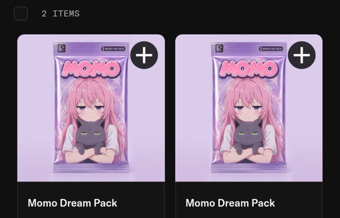 Two identical digital collectible packs labeled 'MOMO Dream Pack' displayed on a light purple background, with a '2 ITEMS' header and '+' buttons in the top corners of each pack.