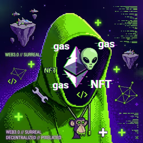 A pixelated digital artwork featuring a figure in a green hoodie, with the face area displaying an Ethereum logo, a green alien, and the text 'gas' and 'NFT' surrounded by 'WEB3.0 // SURREAL', 'DECENTRALIZED // PIXELATED', and code snippets.