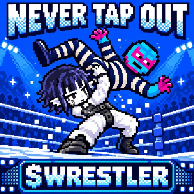 A pixel art image showing two wrestlers in a ring with the text "NEVER TAP OUT" at the top and "$WRESTLER" at the bottom.