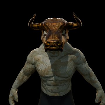 A 3D rendering displays a muscular, humanoid figure with a bronze, bull-like mask featuring curved horns, set against a solid black background.