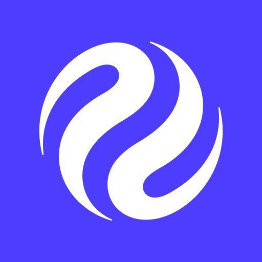 A simple blue and white logo consisting of two curved shapes forming an abstract flame or yin-yang design on a purple-blue background.