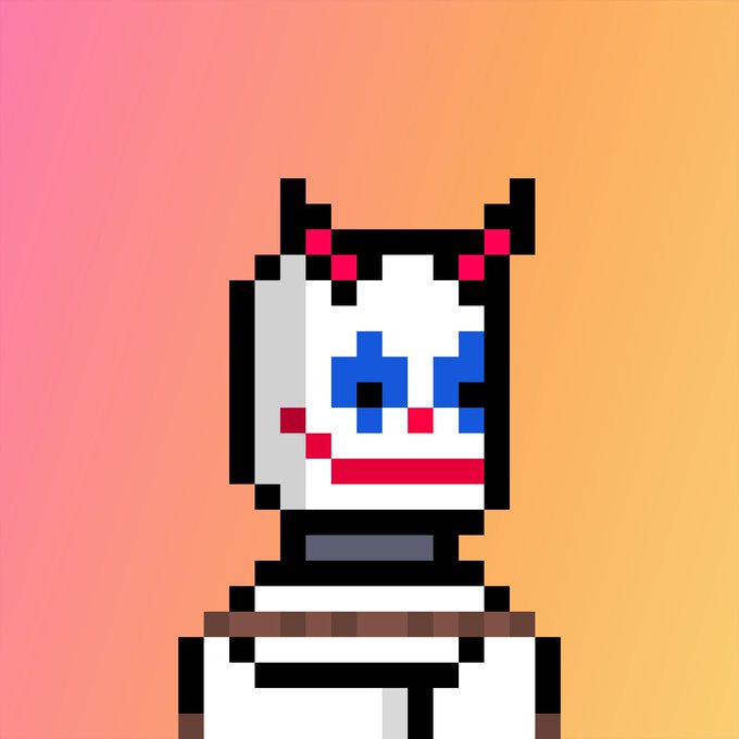 Pixel art portrait of a character with blue eyes, red cheek marks, and small horns against a pink-orange gradient background.