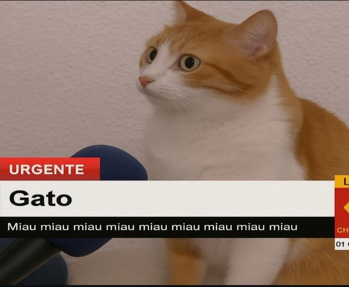 A photo of an orange and white cat being interviewed on a news broadcast, with a lower-third graphic labeled 'URGENTE' identifying it as 'Gato' with the caption 'Miau miau miau miau miau miau miau miau.'