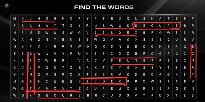 A word search puzzle grid titled 'FIND THE WORDS' on a dark background with 'CHAT', 'SECURE', 'BELDEX', and 'BROWSER' circled in red ink.