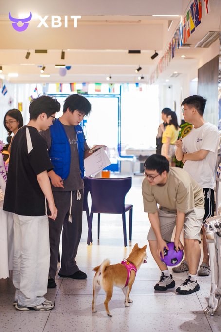 The image shows a group of people at what appears to be an indoor event, with a man holding a purple ball playing with a small dog (likely a Shiba Inu) wearing a pink harness, while others stand around chatting. The "XBIT" logo is visible in the top left corner. The scene aligns with the post's description of a social gathering with crypto community members, where the dog interaction and friendly atmosphere reflect the casual networking vibe mentioned about the event.