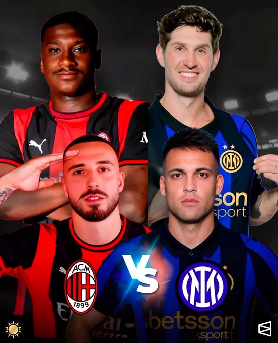 The image is a promotional graphic for the "Derby della Madonnina" matchup between AC Milan and Inter Milan, featuring four players in their respective red-and-black (AC Milan) and blue-and-black (Inter Milan) striped kits. The AC Milan and Inter crests are displayed at the bottom alongside a "VS" graphic, with "betsson sport" visible as a sponsor on the jerseys.

This visual directly sets the stage for the post's discussion of the upcoming Milan derby, complementing the text by showcasing the star players who will represent each side in the rivalry, while the Polymarket odds (Inter 44%, Milan 32%, Draw 24%) add a statistical layer to the traditionally emotion-driven clash.