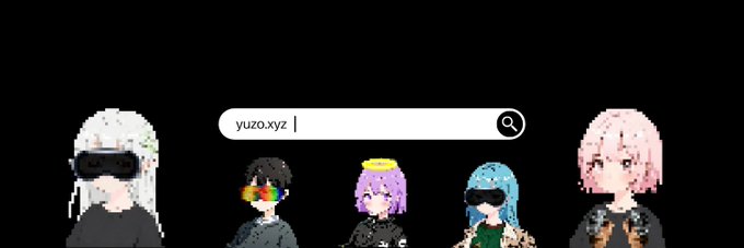 Pixel art characters wearing sunglasses arranged around a search bar containing the text "yuzo.xyz".