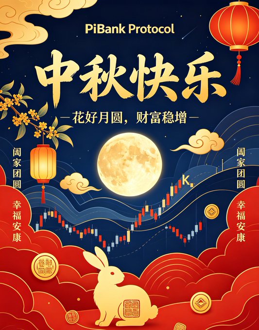 A festive Mid-Autumn Festival (中秋快乐) greeting from "PiBank Protocol" featuring a full moon, red lanterns, a jade rabbit, and a candlestick chart background.