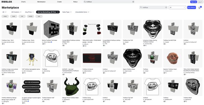 A screenshot of the Roblox Marketplace showing various trollface and meme-themed items sorted by 'Best Selling'.