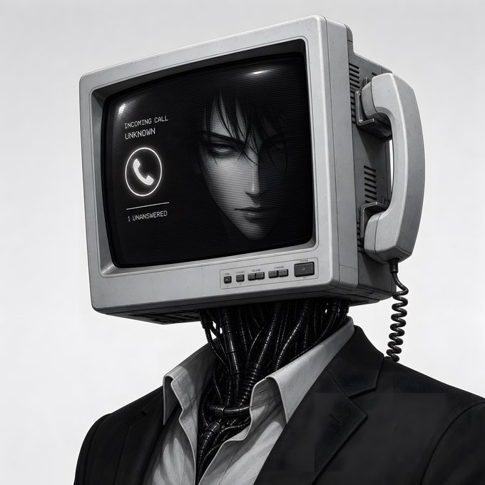 A surreal portrait of a figure with a vintage CRT monitor for a head, displaying an "INCOMING CALL UNKNOWN" notification with a phone icon and "1 UNANSWERED" text, while the phone receiver hangs from the side. The image's unanswered call motif directly ties to the post's question "Are you taking the call?" likely prompting viewers to engage with the NFT mint before its deadline.