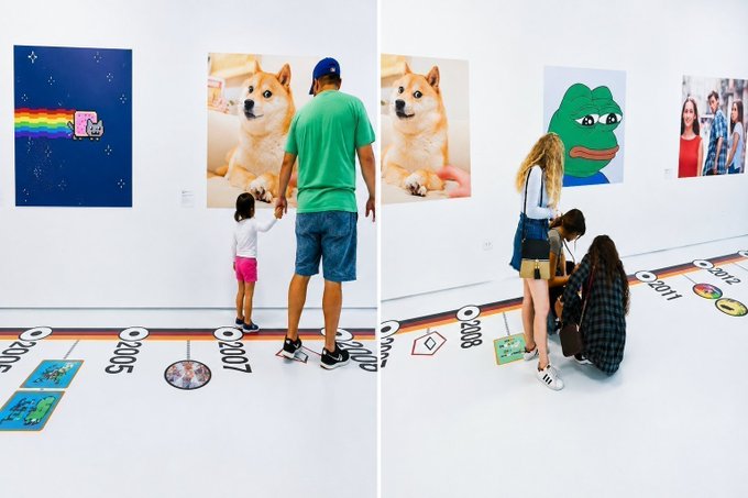 Two side-by-side photos show visitors exploring an art exhibit featuring meme prints including Nyan Cat, Doge, and Pepe the Frog, with a timeline marked with years like 2005, 2007, 2008, and 2011 on the floor.