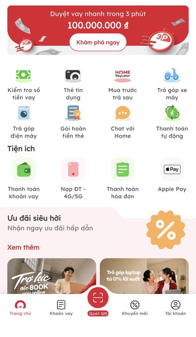 A Vietnamese mobile app interface titled "Home PayLater" featuring a red banner reading "Duyệt vay nhanh trong 3 phút 100.000.000đ" with various service icons including loan checks, credit cards, and utilities like "Thanh toán khoản vay" and "Apple Pay".