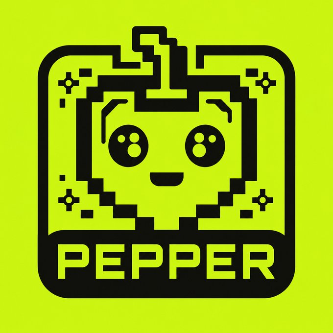A pixel art logo of a smiling face character with a green background and the text 'PEPPER' below it.