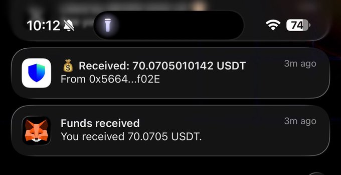Two phone notifications show incoming cryptocurrency transfers totaling 70.0705010142 USDT—one from Trust Wallet and another from MetaMask—both received 3 minutes ago from a sender with an address starting "0x5664...f02E." The notifications correspond to the poster's confusion about an unexpected $70 USDT deposit they received and intend to refund once they identify the anonymous sender.