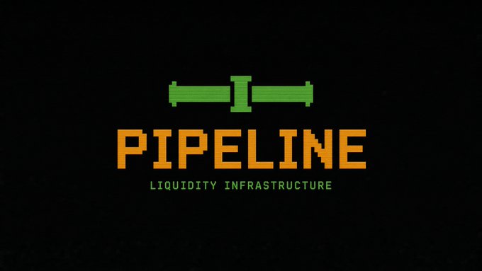 A logo graphic on a black background with a green pipe icon and orange pixelated text reading 'PIPELINE' above 'LIQUIDITY INFRASTRUCTURE'.