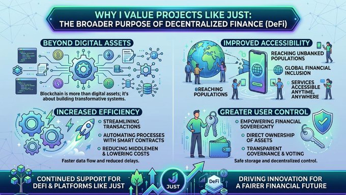 In the image, there are two posters side-by-side against a blue background. The poster on the left promotes the idea of why someone should value projects like Just Projects, which aims to create platforms that improve accessibility and efficiency within financial systems. On the right, there is an infographic with various illustrations, including a group of people standing near a globe, showcasing the broad purpose of centralized finance through the use of digital assets. The posters seem to be discussing different aspects related to financial technologies and their potential benefits.