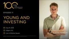 A promotional graphic for the 100 Plus Performance podcast, Episode 17 titled "Young and Investing," featuring a photo of Quinten Francois in a green polo shirt with his arms crossed. The episode aired on August 29, 2024, at 10:00 AM EST, and is available on Finance Square, tying into the caption's story of his journey from a McDonald's worker to Forbes 30 Under 30 through his crypto channel.