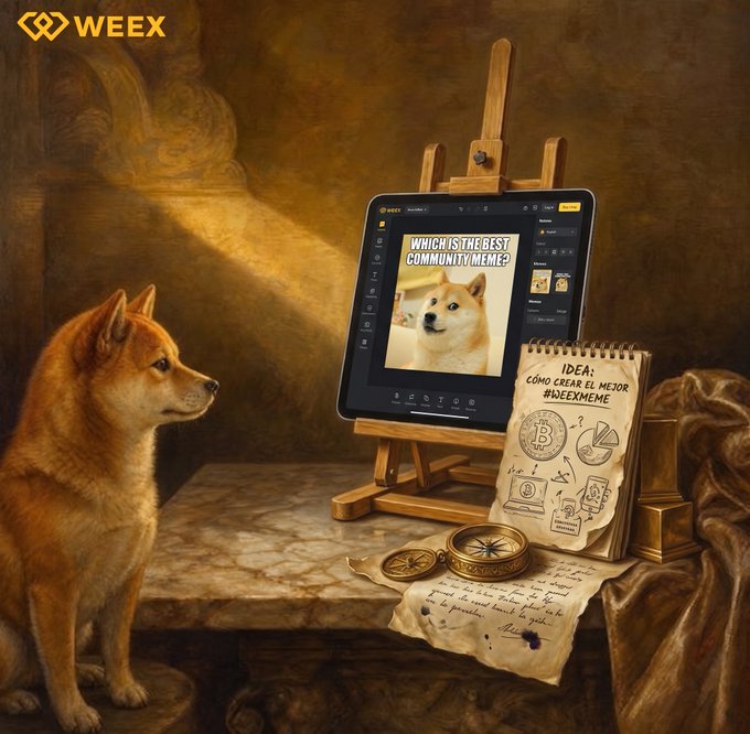 A WEEX crypto exchange promotional image styled like a classical Renaissance painting, featuring a Shiba Inu dog looking at a tablet displaying a meme contest ('Which is the best community meme?') on an easel, accompanied by a compass, notepad, and golden objects.