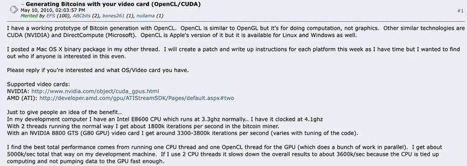 This image shows a forum post from May 10, 2010 by user "tcatm" announcing a working prototype of GPU-accelerated Bitcoin generation using OpenCL/CUDA, demonstrating performance comparisons including an NVIDIA 8800 GTS achieving roughly 3,300-3,800 iterations per second. The post captures Laszlo Hanyecz's pioneering contribution to Bitcoin mining—the very GPU mining innovation referenced in the accompanying narrative about his lesser-known 2010 achievements alongside his famous pizza purchase.