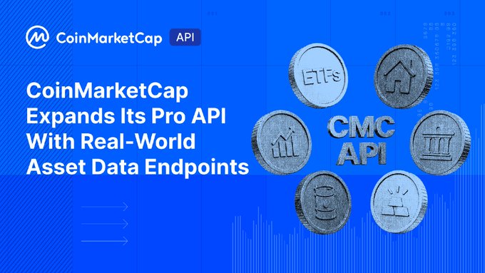 The image is a CoinMarketCap promotional graphic with a blue background featuring the text "CoinMarketCap Expands Its Pro API With Real-World Asset Data Endpoints" alongside visual elements including "CMC API" lettering and coins engraved with symbols representing ETFs, housing, currency, banking, commodities, and equities. The graphic directly illustrates the post's announcement by showcasing the diverse real-world asset categories—tokenized equities, commodities, currencies, ETFs, and real estate—now accessible through CoinMarketCap's expanded Pro API.
