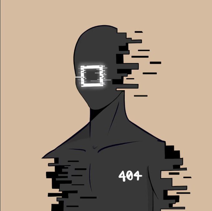 A digital illustration of a dark silhouette figure with a glitching, pixelated head displaying a square eye, marked with '404' on its chest against a beige background.
