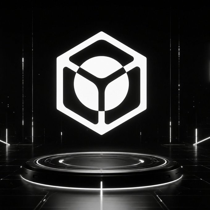A white hexagonal logo featuring a circular emblem hovers above a glowing circular platform on a dark, tech-themed stage.