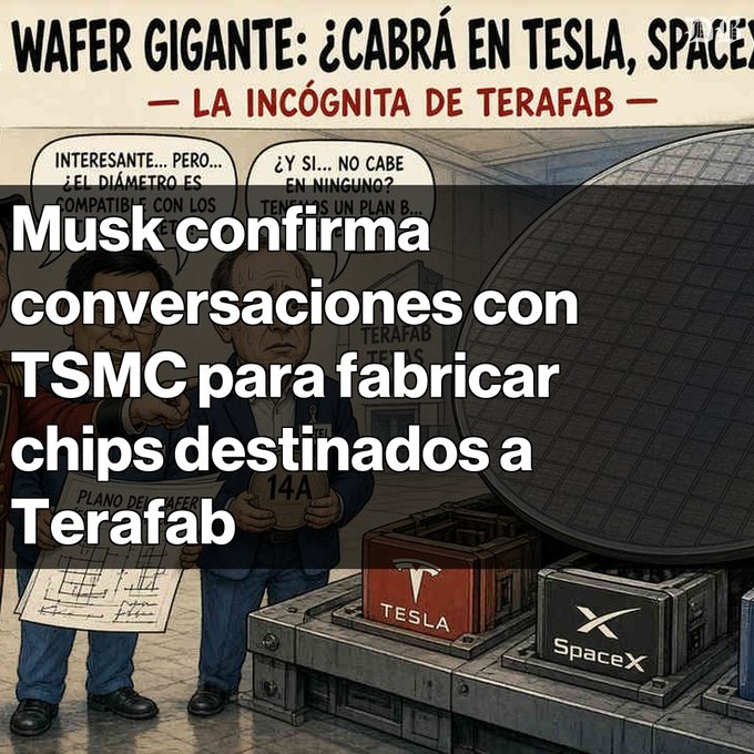 A comic-style Spanish-language graphic titled 'WAFER GIGANTE: ¿CABRÁ EN TESLA, SPACEX?' with overlaid white text reading 'Musk confirma conversaciones con TSMC para fabricar chips destinados a Terafab', showing characters with Tesla and SpaceX labeled containers.