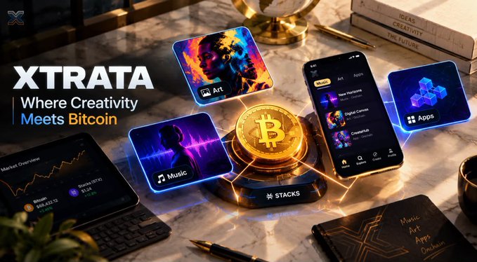 A promotional banner for "XTRATA - Where Creativity Meets Bitcoin" showcases floating app interface cards for Art, Apps, and Music alongside a physical Bitcoin coin and smartphone displaying the platform's marketplace with listings like "Digital Canvas" and "Creative24," all branded with the "STX" (Stacks) ticker, visually reinforcing the message of building digital culture on the Bitcoin network.