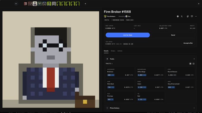 A pixel art character in a dark suit and red tie stands next to a trading interface showing "Firm Broker #1568" with various traits including Briefcase, Bones, Slick Back, Princess, Underwear, Intern, and Red, priced at 0.0278 ETH.