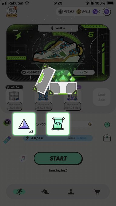 A mobile game screen showing a 'STEPS COLLECTED' sneaker character (Lv 24) with energy collected (3/3), a 'START' button, and stats showing 455.03 / 546.2 at the top.
