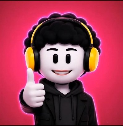 A 3D cartoon-style avatar with curly black hair, wearing yellow headphones and a black jacket, giving a thumbs-up against a pink background.