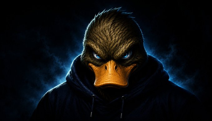 A menacing anthropomorphic duck with glowing blue eyes and a dark hoodie glares forward against a smoky black backdrop, projecting a tough, "rekt" energy. The brooding mascot perfectly embodies the "rektmando" persona mentioned in the post, adding edgy visual flair to the call-to-action about making the $EPIK list.