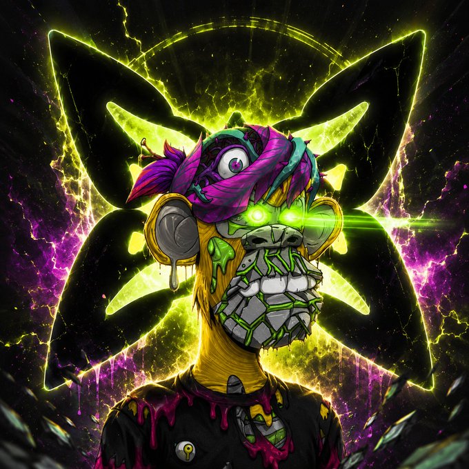 A vivid digital illustration of a yellow-skinned zombie-like character with a large toothy grin, glowing green eyes, and a purple flower, set against a neon green butterfly background.