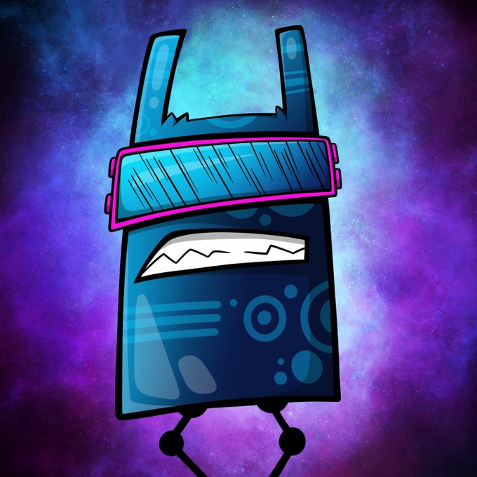 A digital illustration of a blue blocky robot-like character with two antennae and futuristic visor sunglasses, smiling with sharp teeth, set against a purple and blue cosmic galaxy background.
