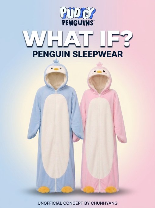 A promotional concept image titled 'PUDGY PENGUINS WHAT IF? PENGUIN SLEEPWEAR' featuring blue and pink penguin-themed hooded onesie pajamas, labeled as an 'UNOFFICIAL CONCEPT BY CHUNHYANG'.
