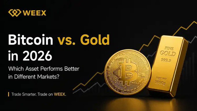 A promotional banner from WEEX titled "Bitcoin vs. Gold in 2026: Which Asset Performs Better in Different Markets?" featuring a golden Bitcoin coin and a 999.9 fine gold bar against a dark background with a rising line chart. The image ties directly to the post's question about choosing between gold and Bitcoin during potential Fed rate cuts, advertising that both assets can be traded on the WEEX platform.