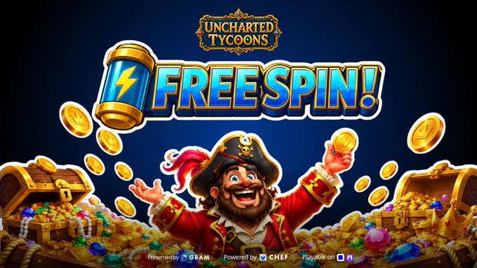 Promotional graphic for 'Uncharted Tycoons' slot game announcing a 'FREESPIN!' presented by ORAM, powered by CHEF, and playable on mobile.